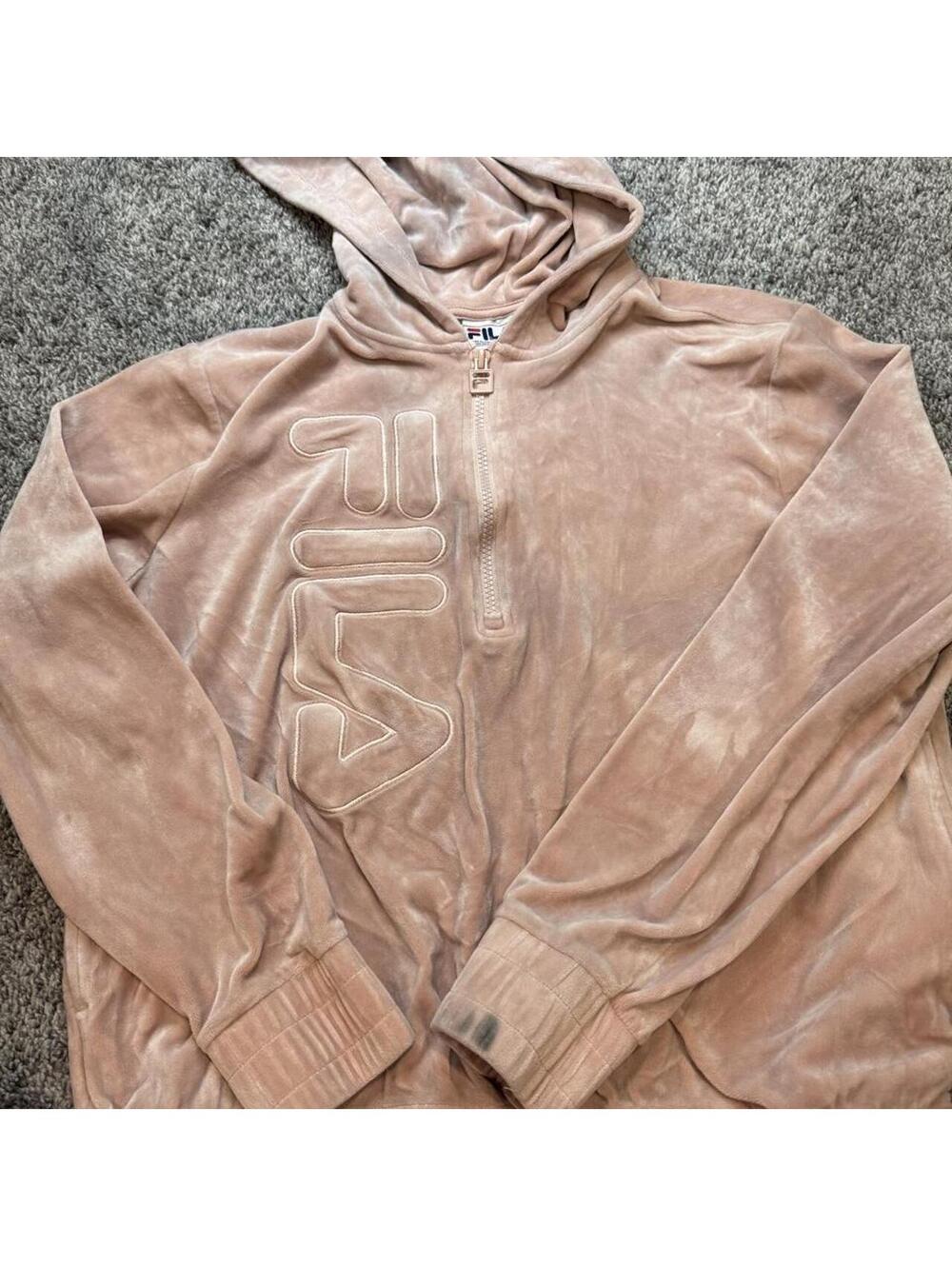 Fila Pink Velour Hoodie Sweatshirt with Front Zip and Hood, Size M